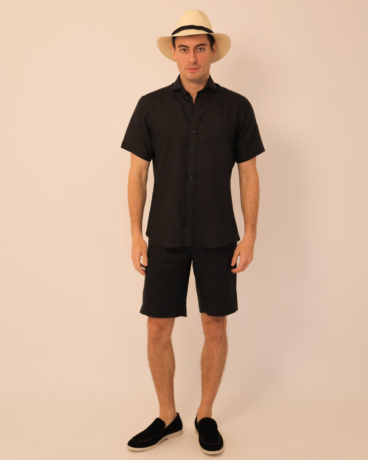 Camisa 100% Lino Cuello Francés Manga Corta- European Flax Jet Black