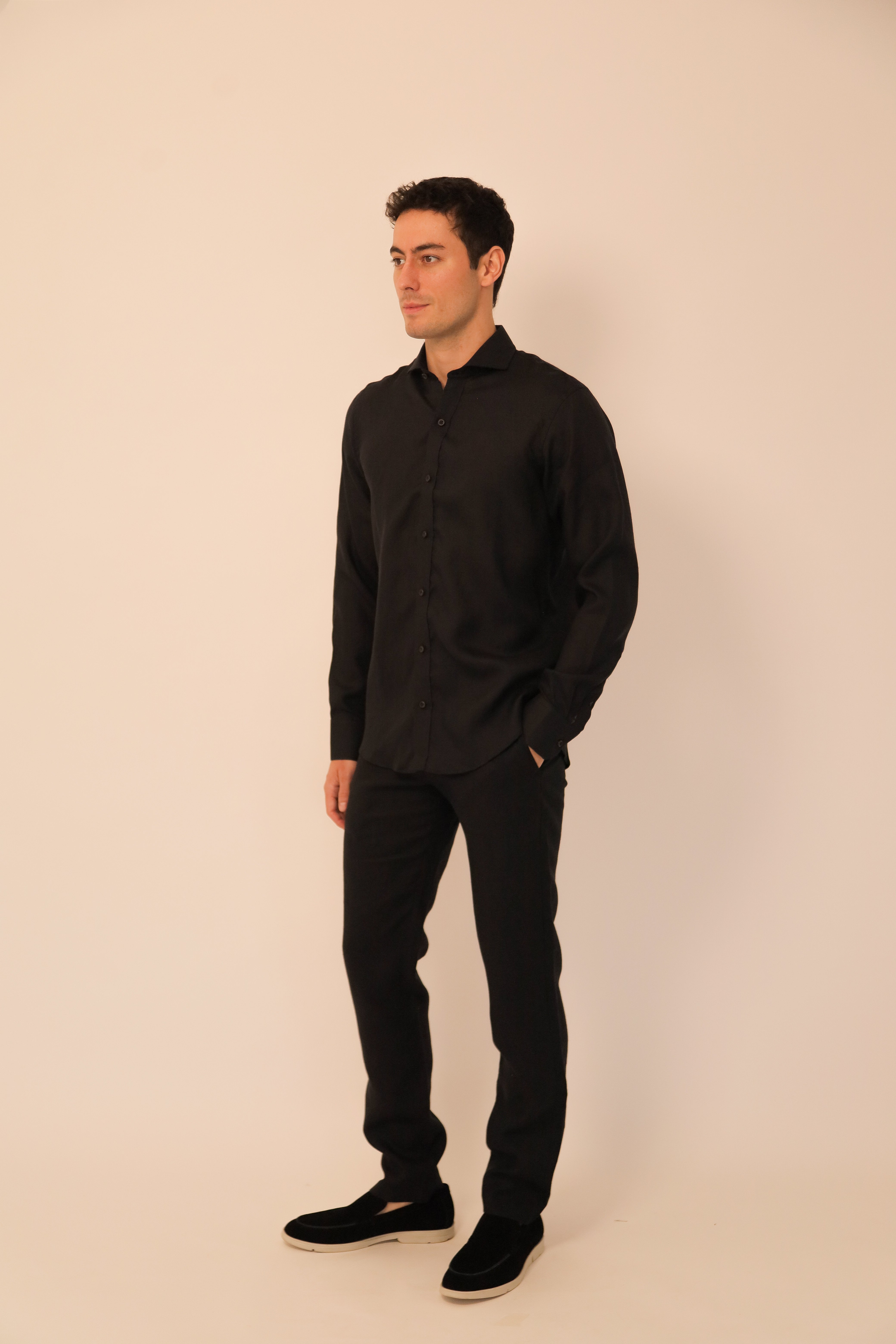 Camisa 100% Lino Cuello Francés- European Flax Jet Black